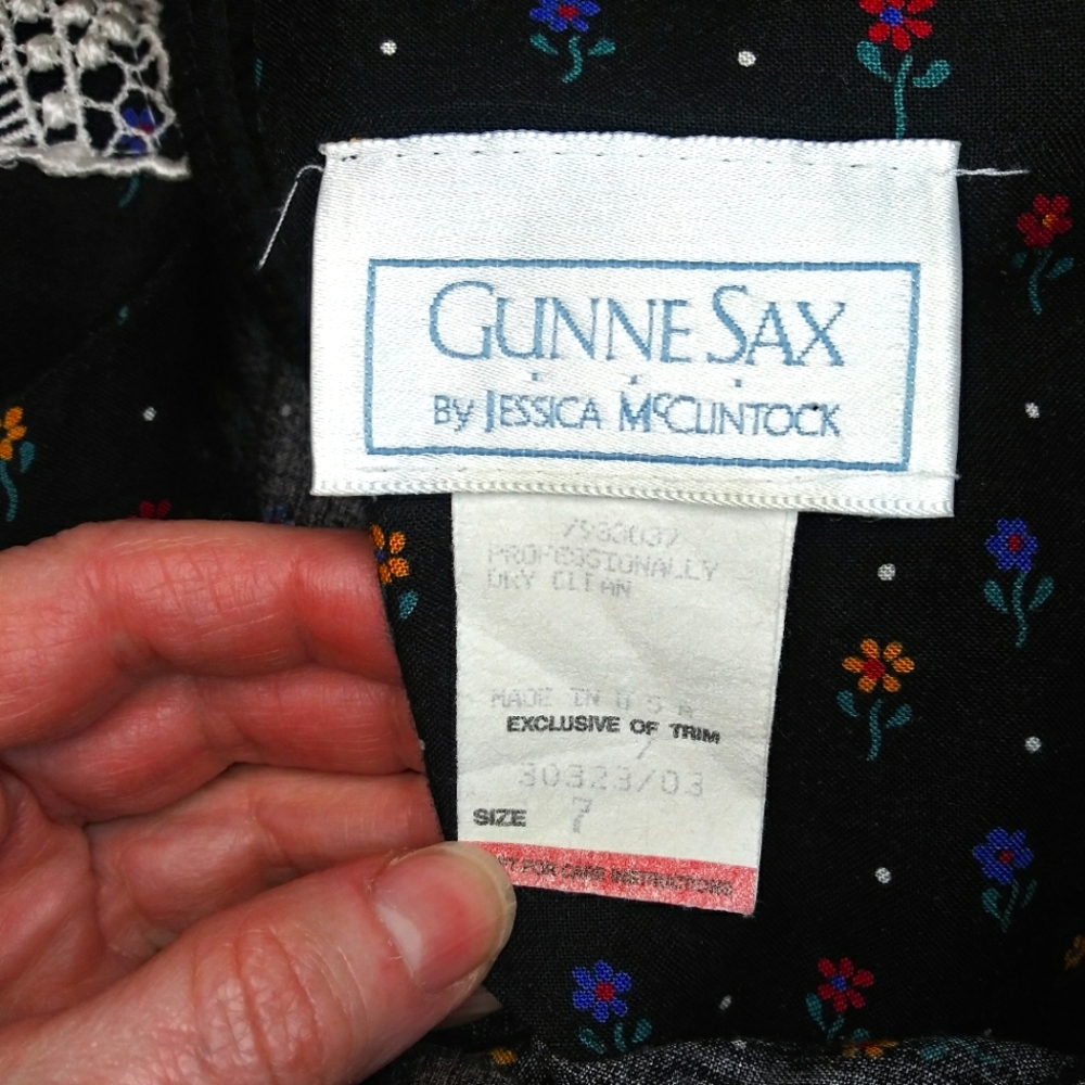 Gunne Sax Rare Vintage Cottageore Style Lace Collared Black Floral Midi Dress - Picture 10 of 14